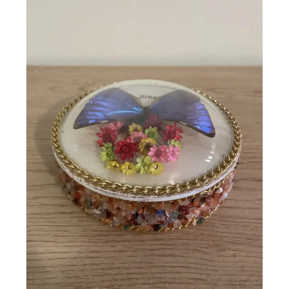 VTG 4.25” Real Morpho Butterfly & Flowers Brazil Souvenir Jewelry Trinket Box